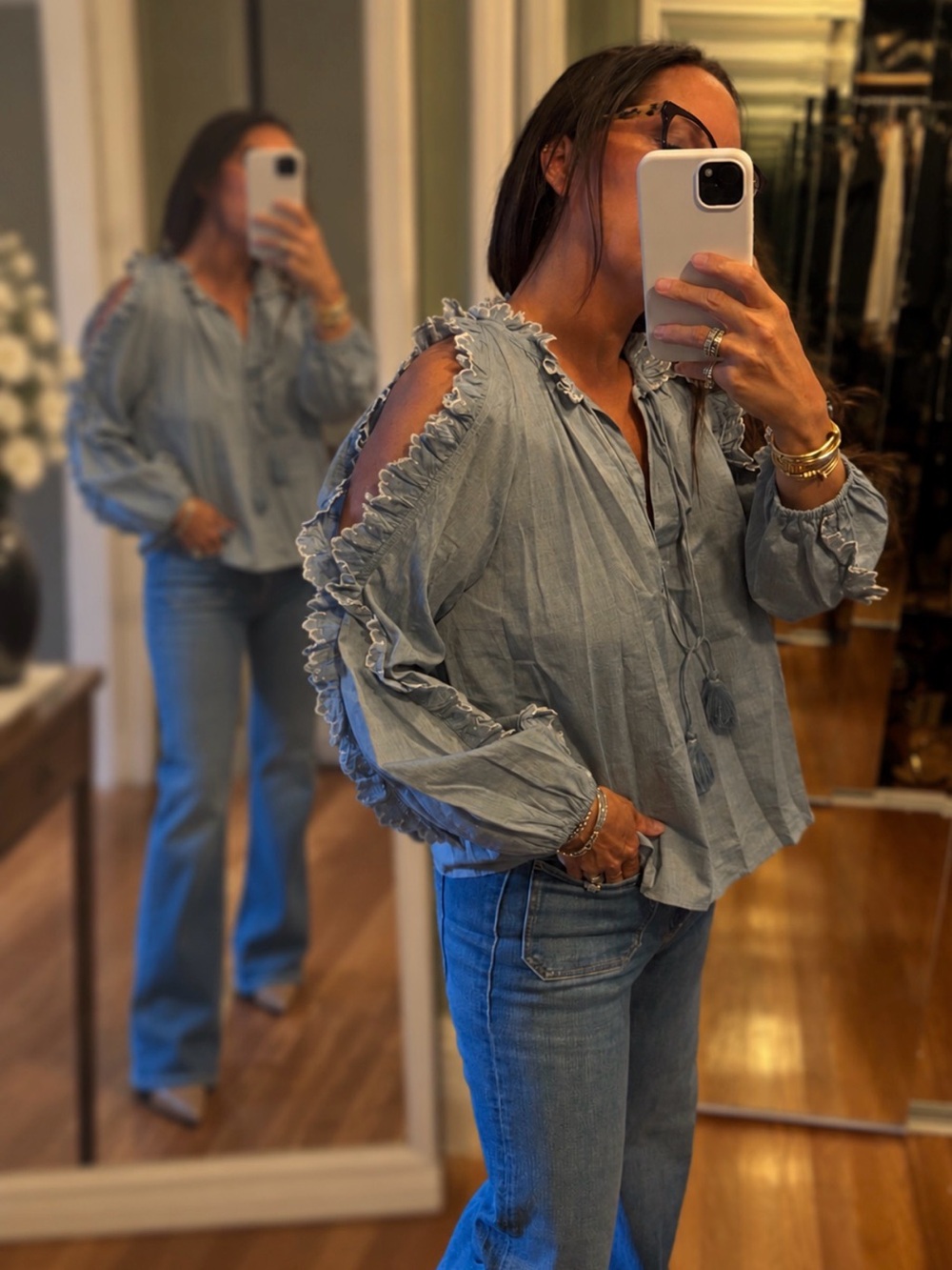 Ulla Johnson Light Blue Ruffle Cold-Shoulder Blouse